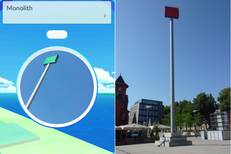 Skulptur im Rheinauhafen, links Screenshot des Pokestops in "Pokémon Go", rechts als Foto. Screenshot/Foto: Vera Lisakowski